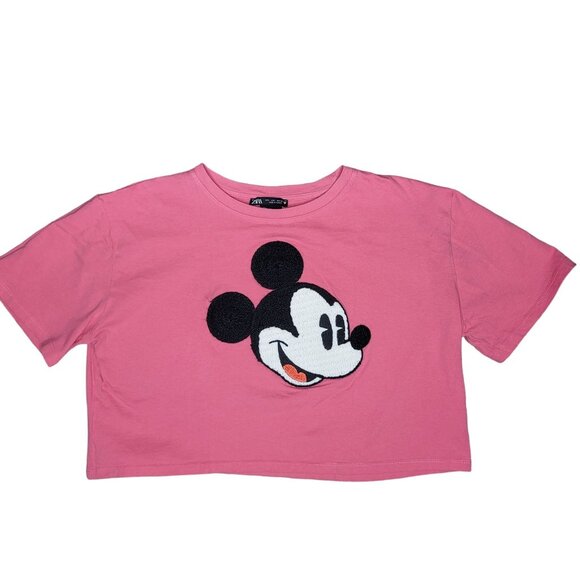 Zara Disney Women's Pink Cropped T-Shirt With Mickey Mouse Embroidery Sz large - Picture 1 of 4